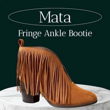 Mata Fringe Ankle Booties Sz 8.5M | Western Boho Suede Heel Boot | Brown
