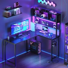 Small Black L Shaped Gaming Desk with Hutch , 47 Inch Corner Gaming Desk with...