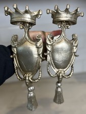 Pair Vintage Baroque Silver Toned Curtain Drapery Rod Holder Brackets CROWNS