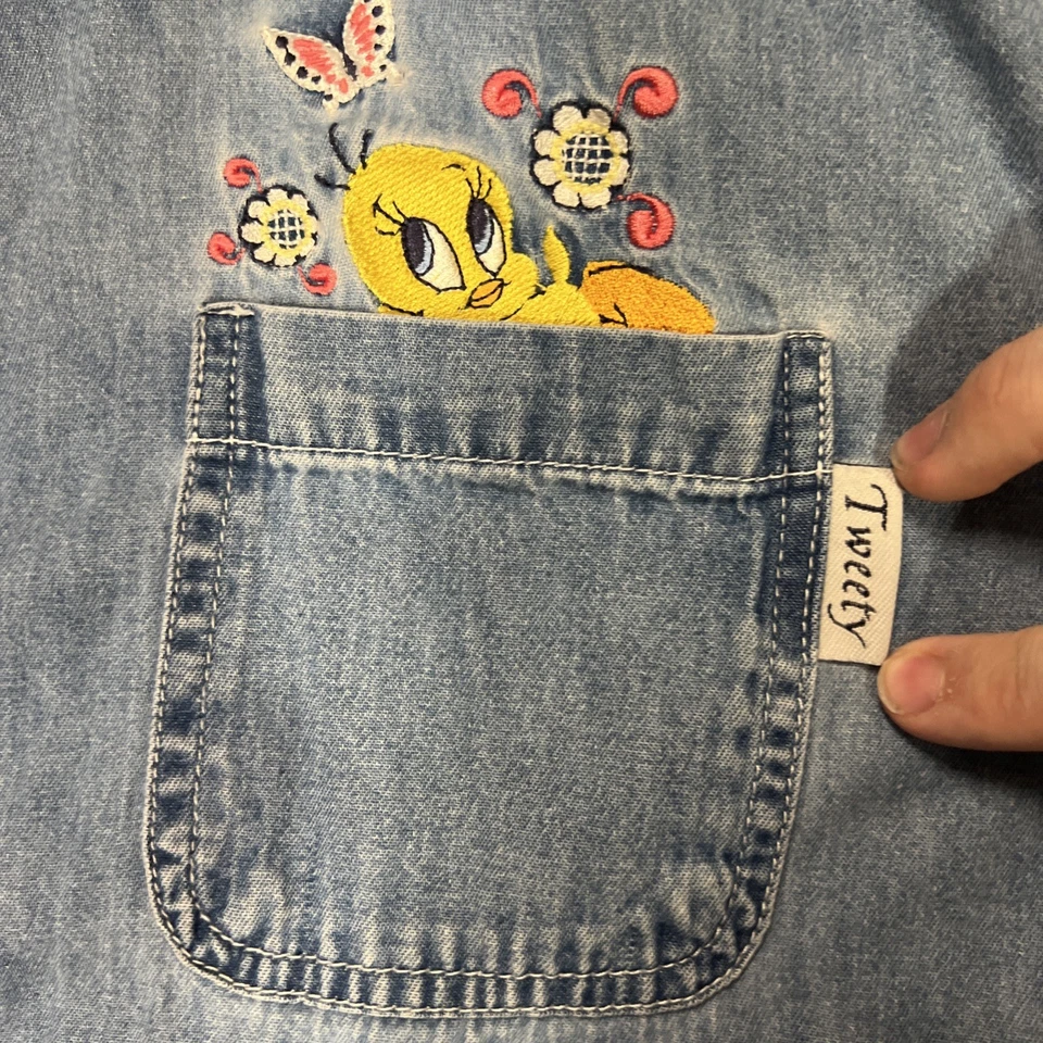  Camisa de mezclilla bordada vintage Looney Tunes azul claro piolín pájaro para mujer 26/28 Foto 2 de 4