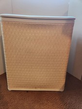 Vintage Wood Wicker Laundry Hamper Tan Woven ...