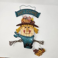 Fall Harvest Autumn Scarecrow metal hanging decor piece leaves Welcome sign u1