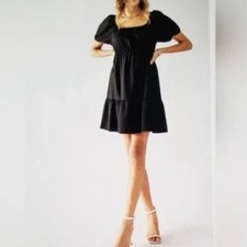 Future Collective Black Tiered Mini Dress Square Neck Puff Sleeve Size M NWT