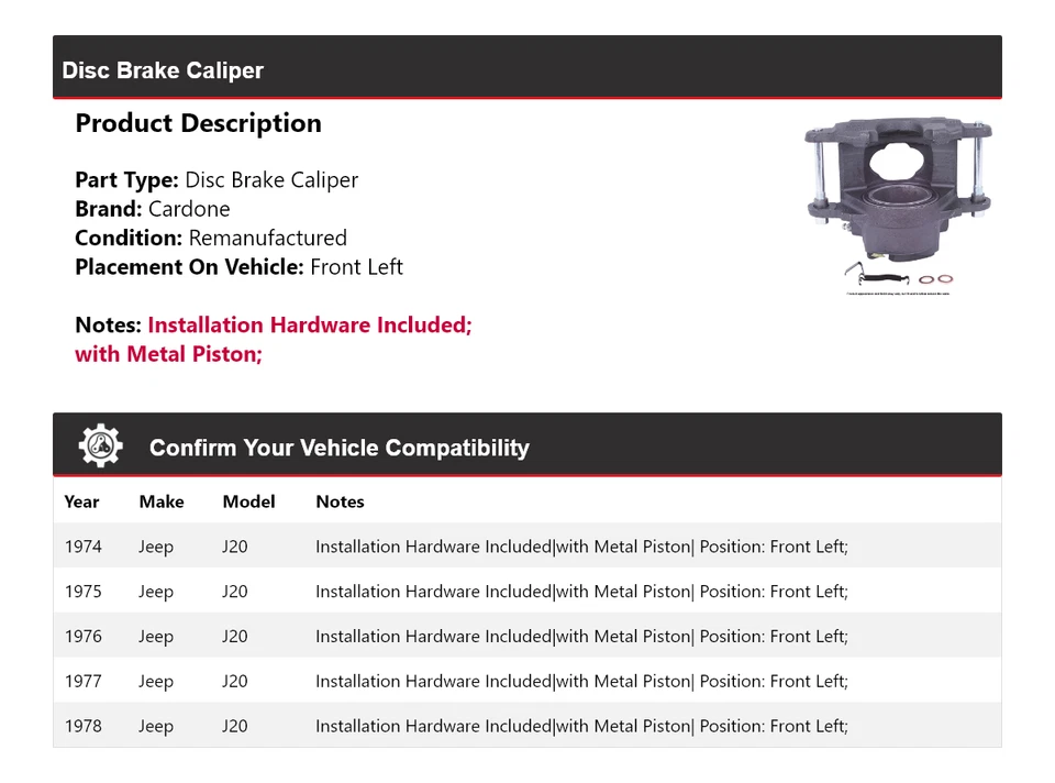 Pinza de freno de disco delantera izquierda cardone 1975 1976 1977 para Jeep J20 1974-1978 Foto 2 de 4
