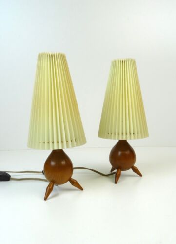VERY RARE DANISH MODERN MID CENTURY PAIR TEAK PLISSE BEDSIDE TRIPOD LAMPS 1960  - Afbeelding 1 van 10