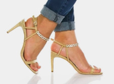 Badgley Mischka Collection Kai Gold Glitter Heels Size 8,Pave Cuban Chain Straps