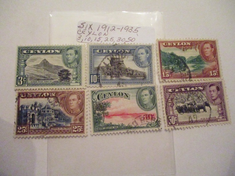 Six 1912-1935 Ceylon Postage Stamps - 3, 10, 15, 25, 30, 50 Denomination
