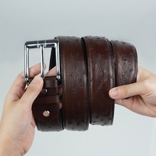 W 1.5" - No Jointed Brown Real Ostrich Leather Skin Men's Belt, Pin Buckle