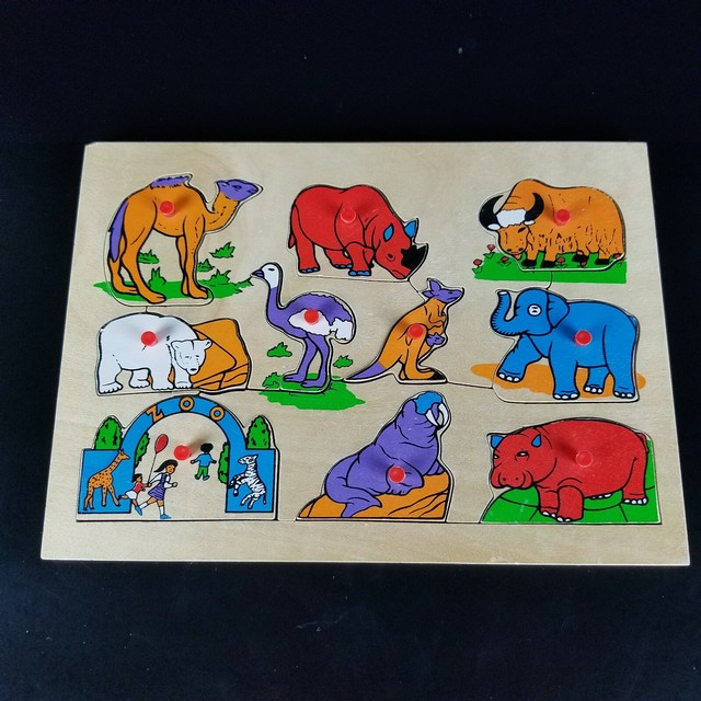 Vintage Wooden Peg Puzzle Zoo Animals 10 Pieces Rhino Ox Elephant Hippo