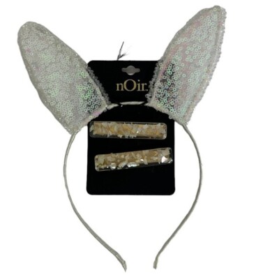 Noir Rabbit Ear Headband White Silver Sequins Two Hair Clips Bunny New Tags NWT