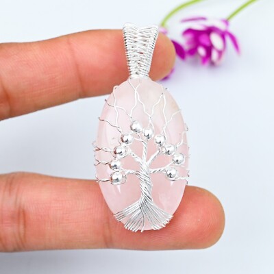 Tree Of Life Roe Quartz Gemstone Copper Wire Wrap Handmade Pendant Jewelry Gifts