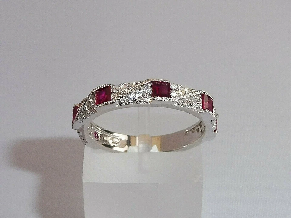 Ladies Art Deco Halo Style 925 Sterling Silver Sapphire & Ruby Eternity Ring - Image 3 of 4