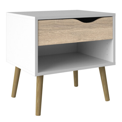 NiB Oslo Bedside 1 Drawer in White and Oak Nightstand Accent Table $275 FLC71