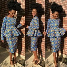 Women African Ankara Lady Party 2 PC's long sleeve peplum top and pencil skirt