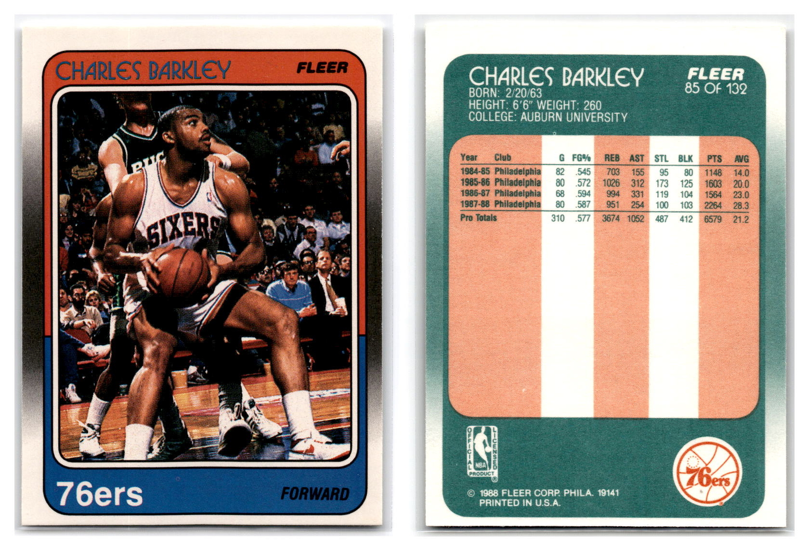 1988-89 Fleer Basketball #85 Charles Barkley - Philadelphia 76ers