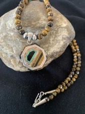 Tiger's Eye & Spiny Oyster Navajo pearls Sterling Silver Necklace 20" 01459