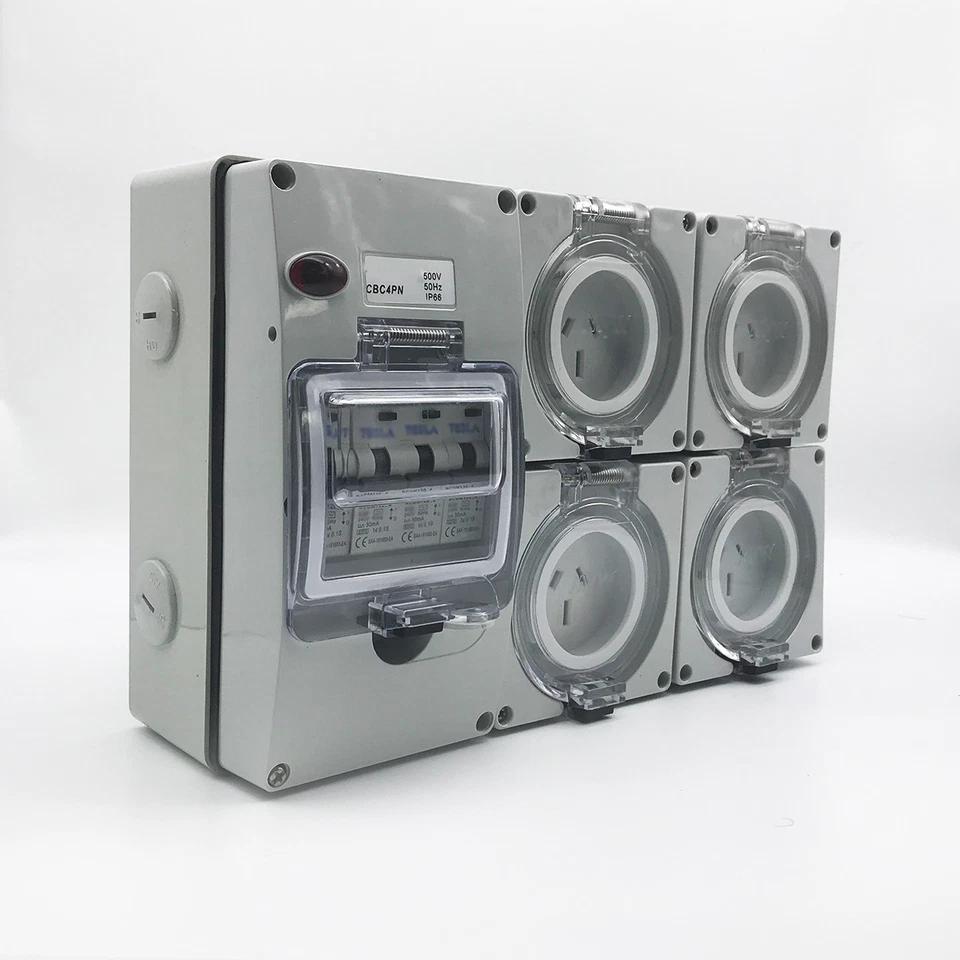 4X 15 AMP Single Phase 3 Pin Socket Outlet IP66 Weatherproof RCBO 4.5ka — 第 3/4 张图片