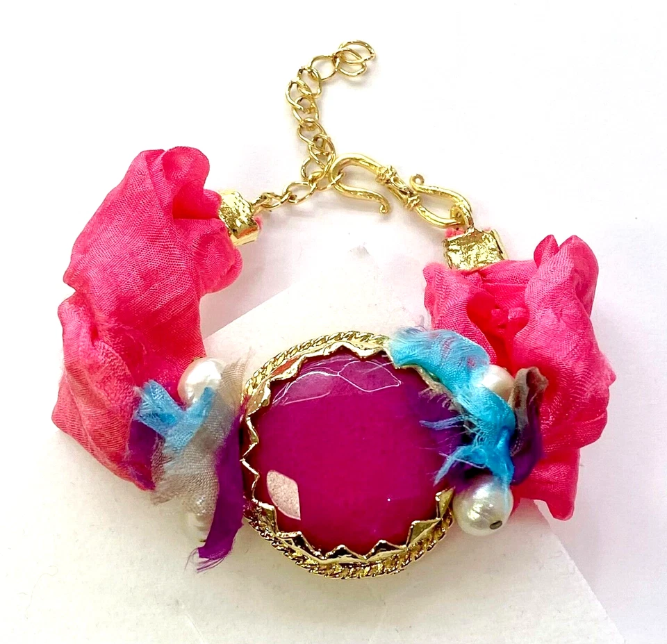 Brazalete HSN Bajalia Cuarcita Rosa y Cinta Satinada Tono Dorado 6-1/2" Foto 2 de 4