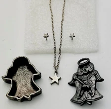Signed Torino Vintage New Pewter Pin Necklace Earrings Angel Wand Box Set