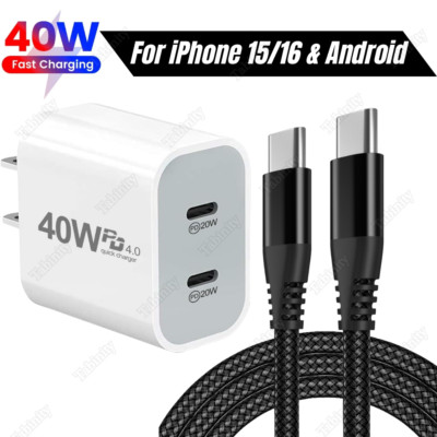 For Android iPhone 16 15 iPadPro 40W Adapter Cube USB C Type C Fast Charger Cord