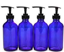 , 4, Large, 8 Oz, Empty, Cobalt Blue Glass Bottles with Black Lotion Pumps