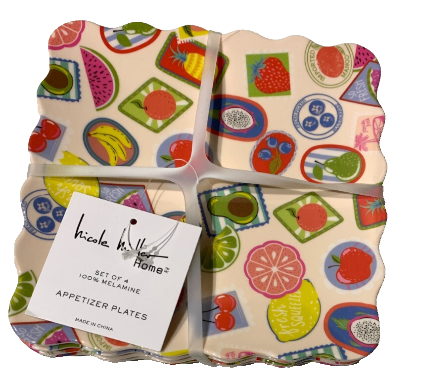 NWT Nicole Miller HOME Set OF 4 100% Melamine Appetizer Plates 6.5