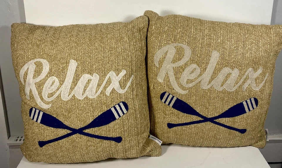 2 желтовато-коричневые подушки Tommy Bahama из искусственной соломы Raffia для помещений и улицы для отдыха со скрещенными веслами - Изображение 2 из 4