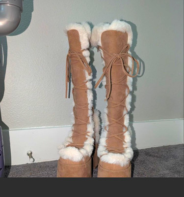 DEMONIA CAMEL-311 Faux Fur 5'' Chunky Heel Platform Camel Tan Womens Knee Boots