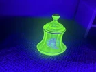 RARE!! Hard to Find! Depression Uranium Glass Candy/Jelly/Sugar Jar w Gold Trim