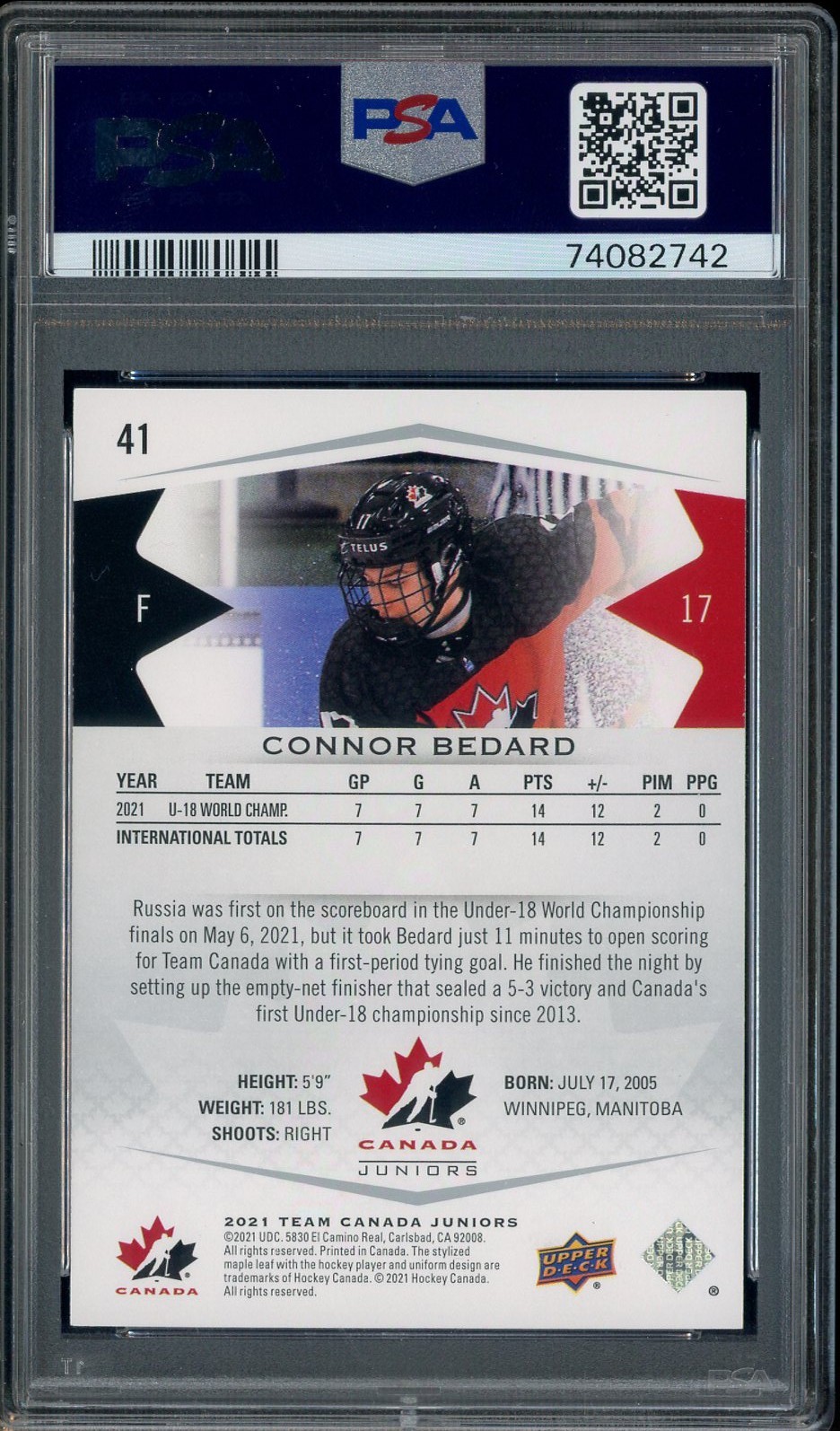 2021 UD Team Canada Juniors Hockey #41 Connor Bedard RC Rookie PSA 8 view 2
