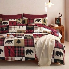 - Rustic Duvet Cover Set, Cabin Christmas Queen, Burgundy Black