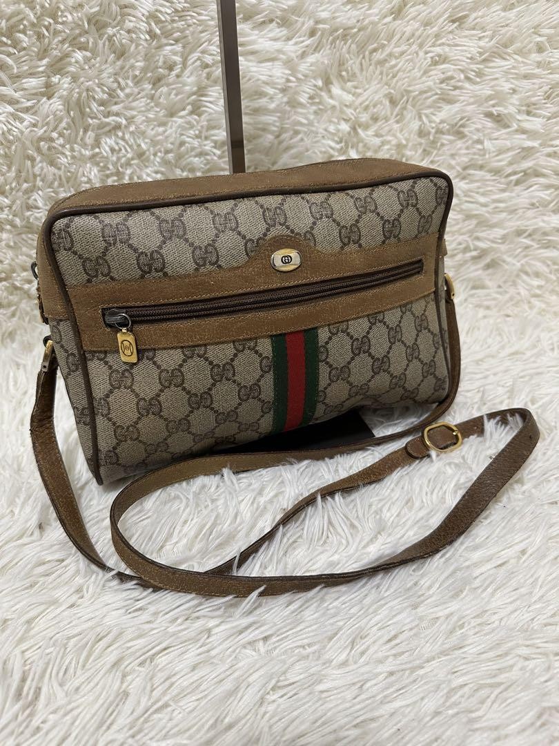Gucci GG Pattern Leather Shoulder Bag Khaki Vintage Authentic Crossbody