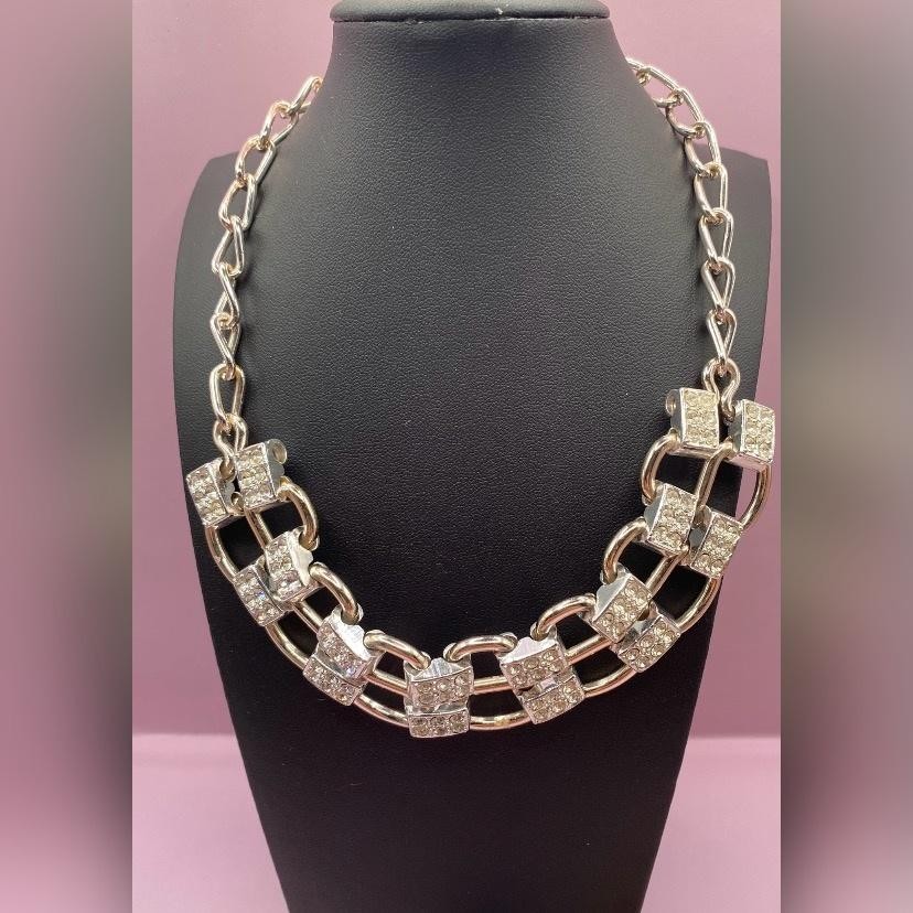 Rhinestone Pave Square Link Statement Necklace Si… - image 1