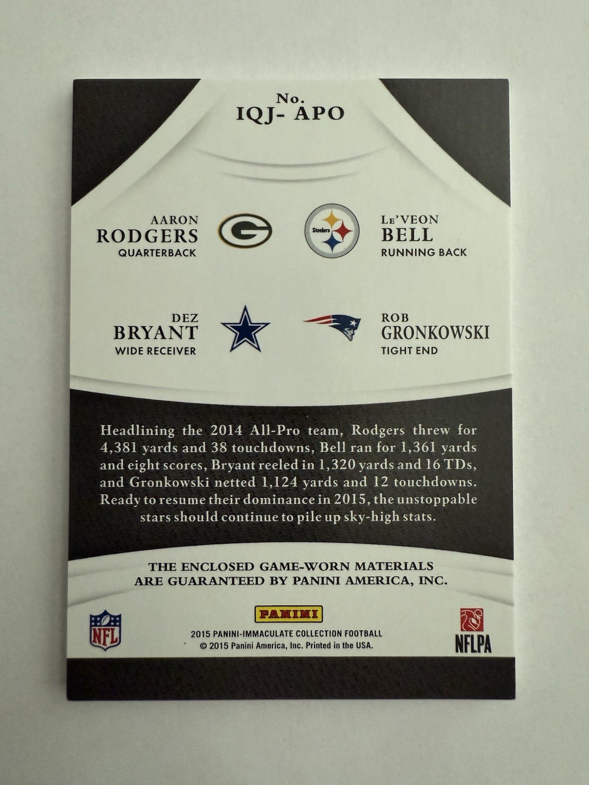 Aaron Rodgers / Dez / Bell / Gronk 2015 Immaculate Quad Game Used Jersey /25 view 2