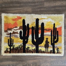 Vintage 1970's Desert Cactus Sunset Latch Hook Rug Wall Hanging Cowboy 43"x28"