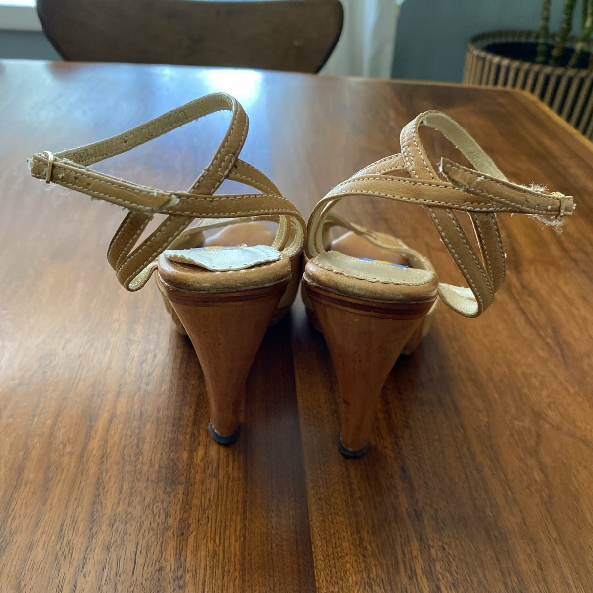 Vintage 70s Wild Pair Leather Peep Toe Wood Heels Sandals Shoes