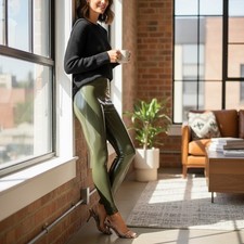 Commando Leggings Patent Faux Leather Womens Large Shiny Olive Green High Rise