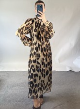 Ganni Dress FR 34 UK 6 Pleated Georgette Midi Animal Print Long Sleeve