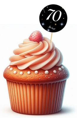 Topper zum 70. Geburtstag, schwarzer Hintergrund, weiße Schrift, 6 Stück.