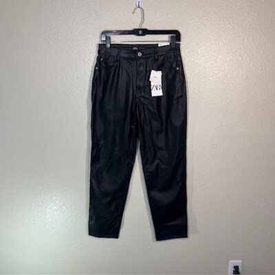 ZARA Faux Leather Jeans Womens 6 (28 x 26.5) Mom Fit Pants Black NEW