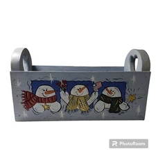 Wooden Storage Box  Snowmen Christmas Happy Holidays Winter Light Blue