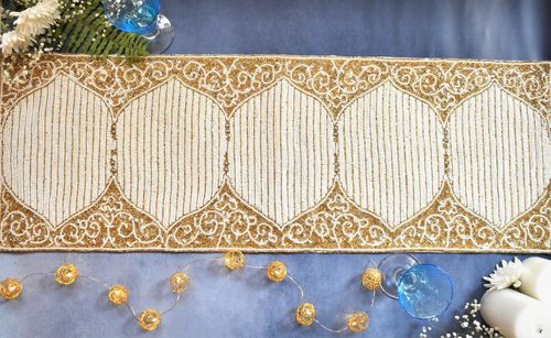 Christmas Beaded Table Runner Gold White Pearl Centerpiece Table Décor 35x15 In - 第 2/12 張圖片