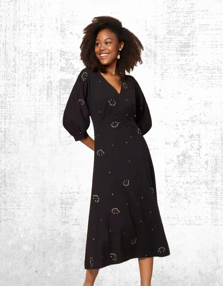 Ex White Stuff Women’s Embroidered Midi Jersey Dress in Black Multi (Defect) - Image 3 of 4