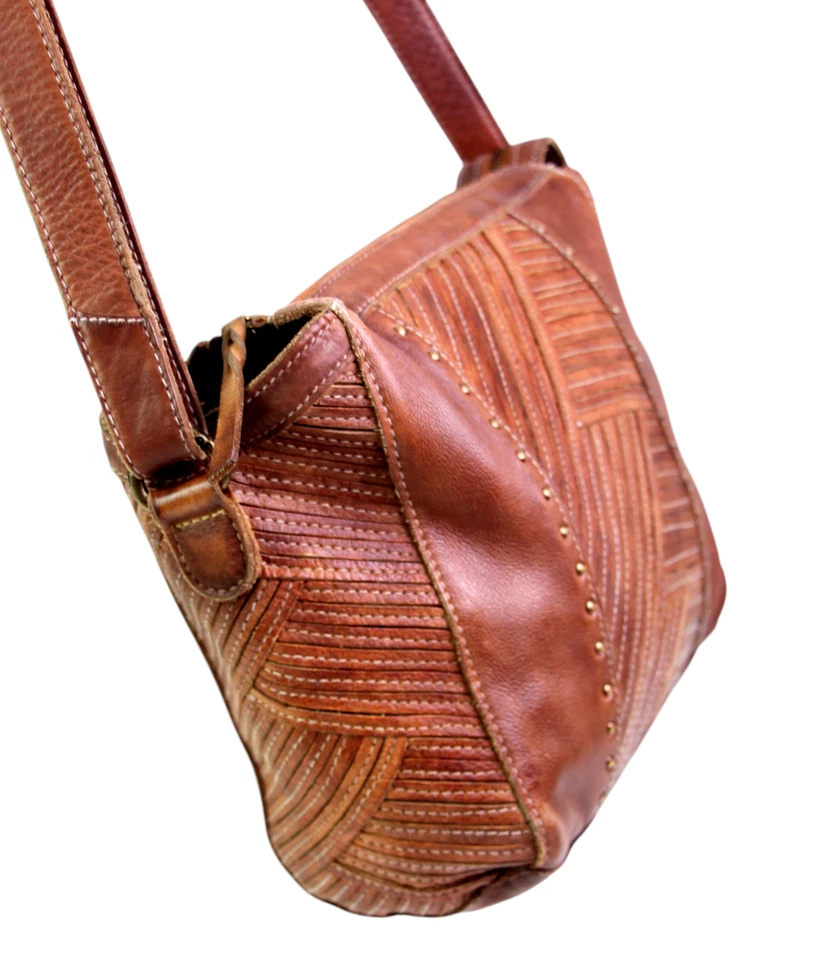 AMPLIO BOLSO DE HOMBRO BIBA MARRÓN CUERO GENUINO COSIDO CREMALLERA X-BODY BOLSO DE MANO MONEDERO Foto 4 de 4