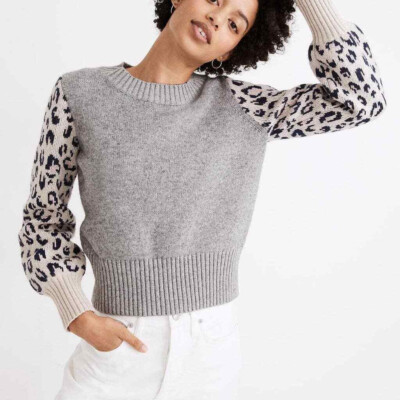 Madewell Tensley Pullover Damen Größe M Grau Leopardenmuster Gepard Rosa