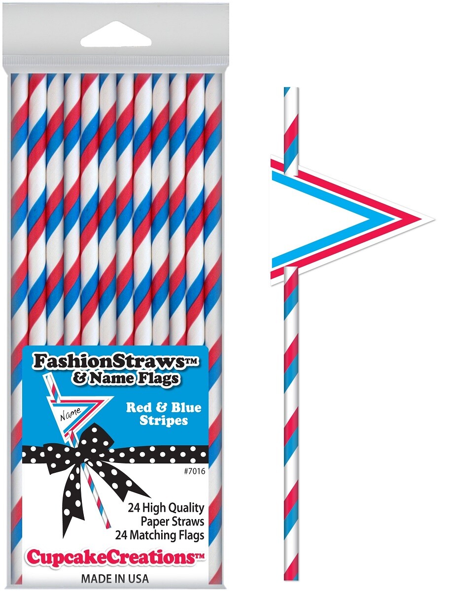 Cupcake Creations, Fashion Straws & Name Flags, Red & Blue Stripes, 24 Pk, 7016-image