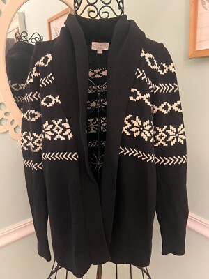Loft S Aztec Sweater Knit Cardigan Thick Black White Southwestern Open Shawl