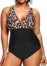 Plus Size One Piece Swimsuits V Neck Tummy Control Bathing Suits Retro Ruched