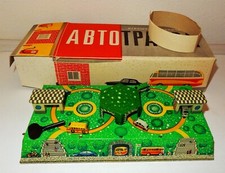 Vintage ABTOTPACCA Bus Gas Station Tin Litho Windup Clockwork Toy USSR / Russia