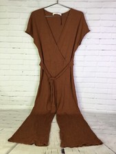 Mango MNG Womens Size XS Ribbed Knit Cropped Short Sleeve Jumpsuit Caramel Tan